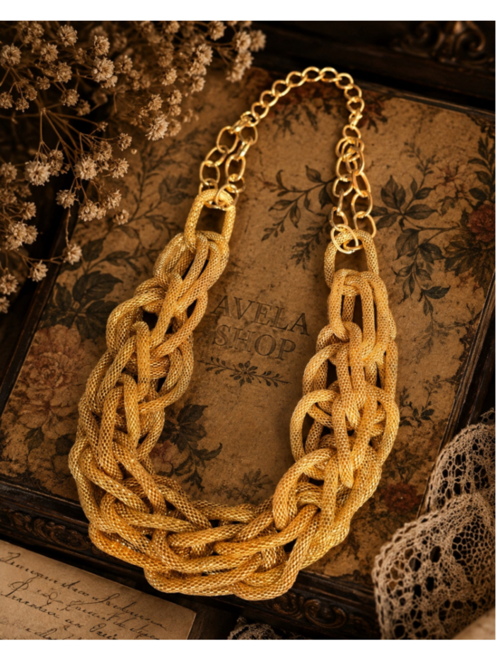 Statement Gold Tone Braided Mesh Chain Necklace | Chunky Layered Vintage Fashion